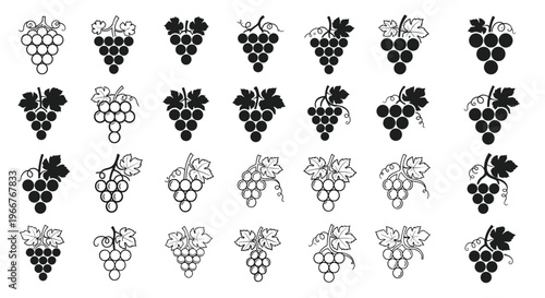 Collection of grape cluster icons in black and white styles for winery logos, vineyard branding, and organic fruit juice label designs.