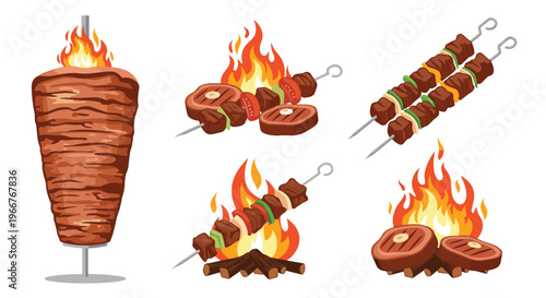 Set of various grilled meat illustrations including a large kebab spit, skewers, and steaks over open flames for barbecue restaurant menus.