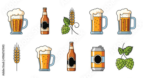 Comprehensive set of beer icons featuring mugs, bottles, cans, hops, and wheat for pub menus, brewery branding, and beverage festivals.