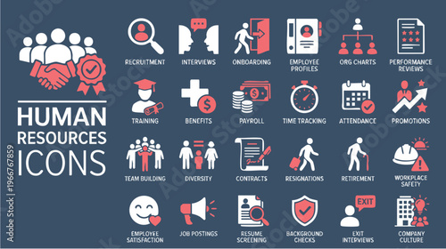 Icons Depicting Human Resources Training, Benefits, and Promotions in a Business Environment