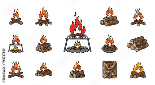 Collection of campfire and firewood illustrations featuring various log arrangements and burning flames for camping and outdoor activities.