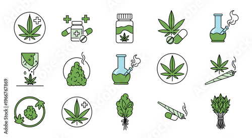 Set of medical marijuana and cannabis culture icons including leaves, bongs, and pill bottles for legal dispensary and healthcare designs.