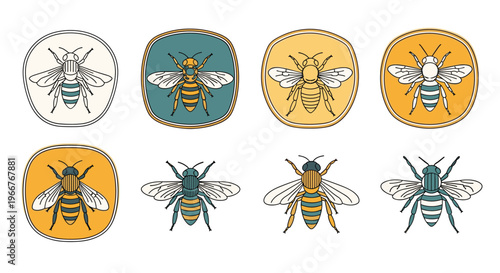 Set of honey bee badges and labels in different colors for apiary branding, natural honey production, and environmental conservation themes.