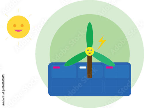 Renewable Energy Concept Featuring Smiling Sun, Wind Turbine, And Solar Panel System Generating Clean Electrical Power For Sustainable Future Concepts