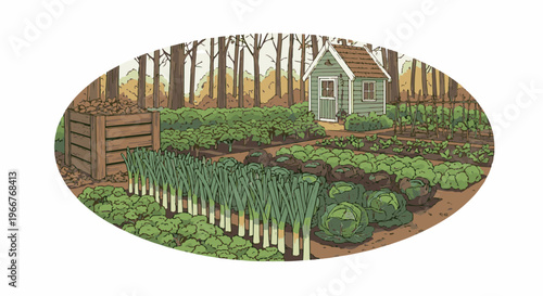 A charming vegetable garden with a shed, compost bin, and trees