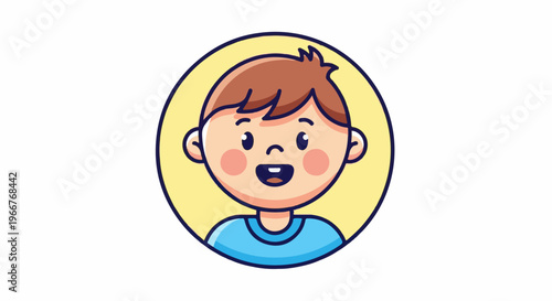 A cheerful cartoon child's face with brown hair and blue shirt, framed by a yellow circle