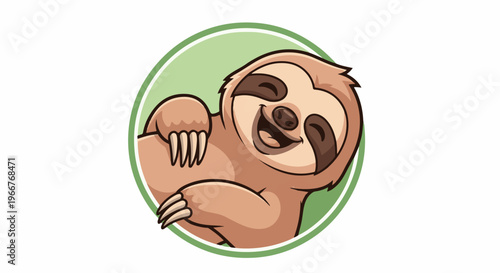 A cheerful cartoon sloth with claws smiles widely in a green circle