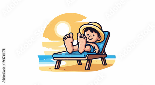 A cheerful child with a straw hat relaxes on a beach chair under the sun