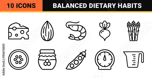 Nutritional Value and Healthy Diet Minimalist Monoline Icons featuring Geometric Food Outlines for Wellness Apps and Medical Infographics.
