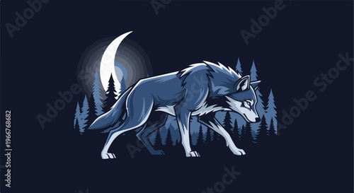 A blue wolf walks through a dark forest under a crescent moon