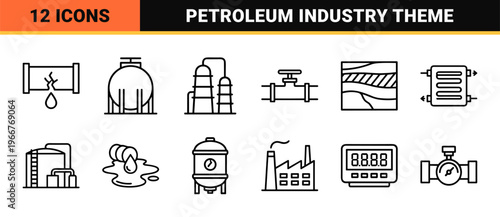 Oil and Gas Industry Minimalist Monoline Outline Icons for Petroleum Engineering, Energy Production, and Fuel Logistics Infrastructure