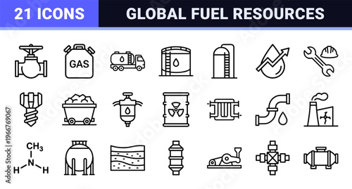 Petroleum Industry and Energy Sector Minimalist Monoline Outline Symbols for Technical Engineering and Global Fuel Logistics Design.