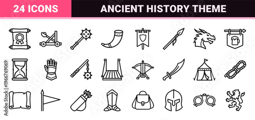 Medieval History and Fantasy Tabletop Gaming Visuals: Minimalist Monoline Geometric Line Art for Digital Design and App Interfaces