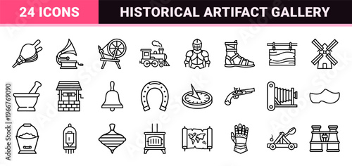 Vintage History and Heritage Minimalist Monoline Outline Symbols Featuring Antique Artifacts and Medieval Elements in Geometric Line Art.