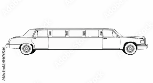 A black and white line drawing of a long, luxurious passenger vehicle, side view