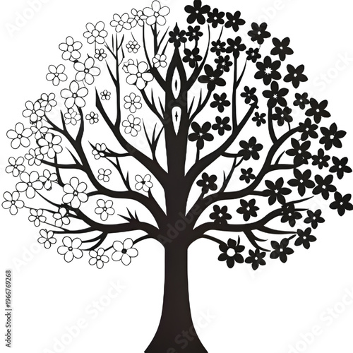 A detailed black and white illustration of a solitary tree with sprawling branches