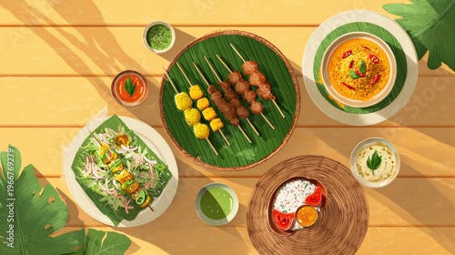 Satay skewers platter with rice and lime garnish