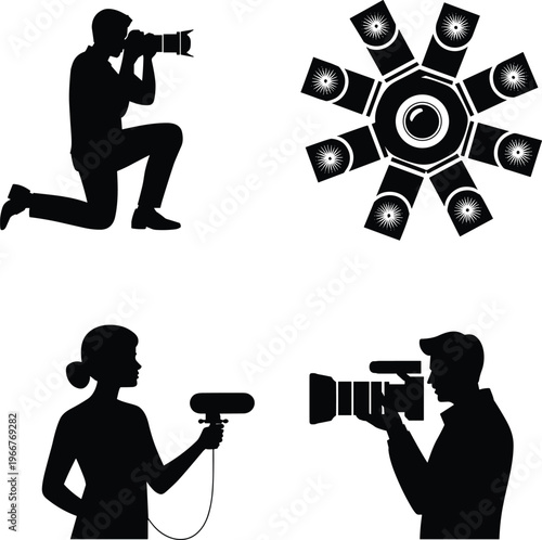 Photography and videography silhouettes with cameras, flat vector illustration design for creative media, filming, shooting, technology, lens, professional art