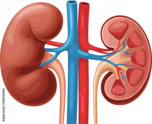 Detailed human kidney anatomy cross section showing renal vessels cortex medulla and pelvis medical healthcare concept realistic vector illustration isolated on white background