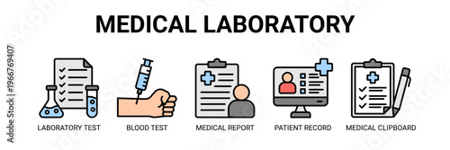 Medical Laboratory web banner icon vector illustration concept with icons of laboratory test, blood test, medical report, patient record, and medical clipboard.