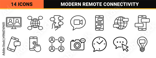 Digital Communication and Remote Work Collaboration Metadata Iconography Featuring Minimalist Monoline Geometric Line Art for Web Interfaces.