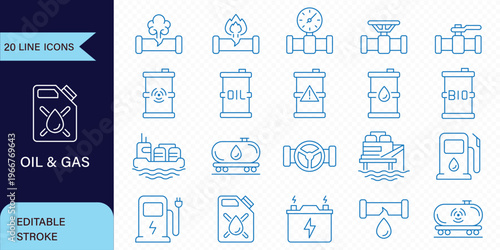 Oil and Gas web icons in line style. Fuel, gas station, refinery, petroleum, oil well, gas pump, energy, barrel, industry, transportation, collection. Vector illustration