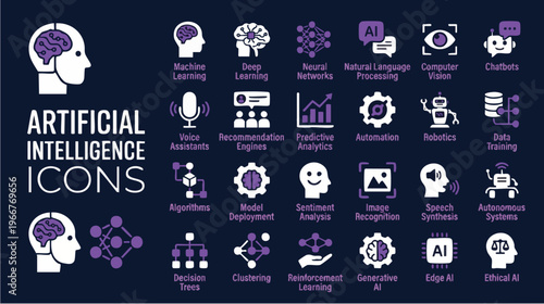 Innovative AI Icons Showcase, Artificial Intelligence, Tech Environment, Graphic Design, Digital Landscape