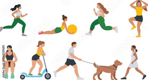 Flat vector illustration of diverse people doing fitness activities running exercising walking dog outdoor healthy lifestyle workout routine modern active lifestyle concept