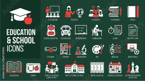 Diverse School Symbols for Learning Materials, Digital Graphics, Modern Classroom Environment