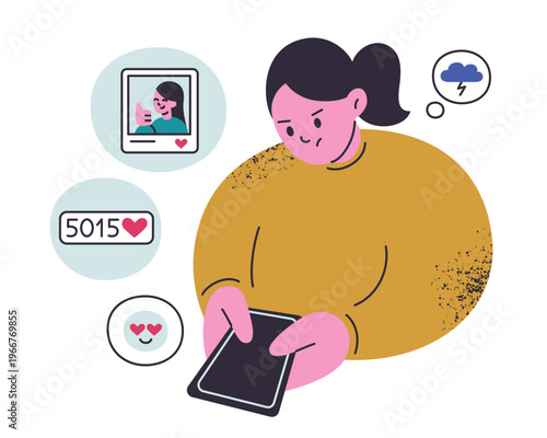 Flat cartoon character scrolling social media feed with envy and frustration, comparison stress and self doubt. Social media envy and online jealousy, digital struggle vector illustration