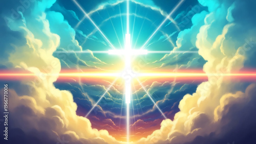 Radiant cross illuminated by heavenly light emerges through clouds. divine scene with vibrant colors and ethereal glow. essence of spiritual significance. easter resurrection concept. Good Friday.