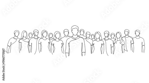 Continuous line drawing of diverse people standing together in unity and solidarity.