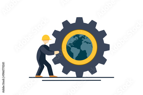 illustration of a worker in a hard hat pushing a large gear with a globe inside on white background