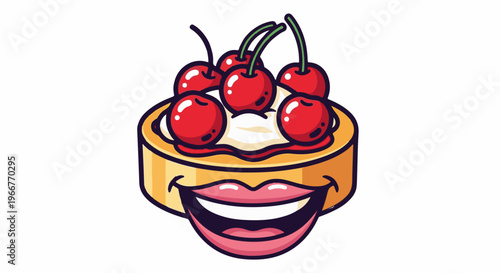 A cherry-topped dessert with a cheerful, cartoonish mouth