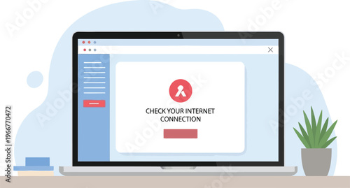 Internet connection error message on laptop screen, flat vector illustration of website loading failure, technical problem notification on computer display