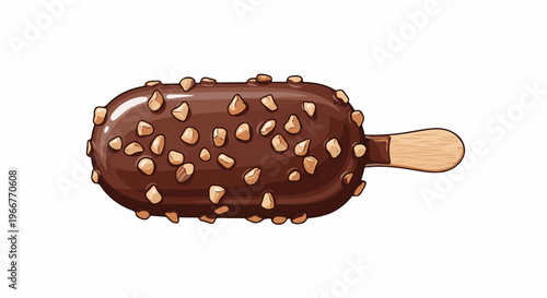 A chocolate-covered ice cream bar with a wooden stick and nuts