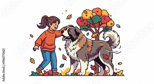 A child in an orange sweater pets a large dog near a colorful autumn tree