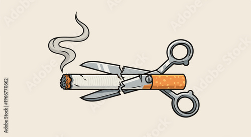 A cigarette breaking apart in scissors, with smoke rising