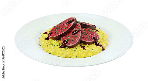 Sliced Beef with Yellow Risotto and Berry Sauce