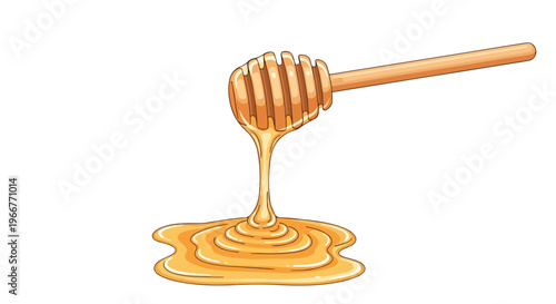 Golden honey dripping from a wooden dipper wand, sweet organic liquid syrup flowing into a puddle, isolated amber honey nectar vector illustration on white.