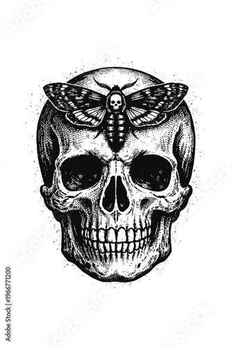 Intricate Black and White Engraving Art of a Human Skull Adorned with a Deaths-Head Hawkmoth. A Macabre and Gothic Illustration Perfect for Dark Aesthetic Lovers, Memento Mori Decor, and Unique Tattoo