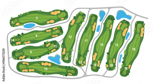 Golf course map vector illustration with numbered fairways, green grass landscape with sand bunkers and water hazards, professional golf club layout design