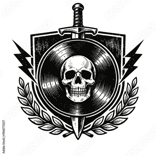 Gritty Black and White Skull on Vinyl Record with Sword, Shield, Lightning Bolts, and Laurel Wreath Emblem - A Vintage Rock, Metal, Punk, Goth, or Music-Themed Design Perfect for Apparel, Album Art, a