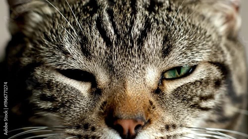 Close-up of a domestic cats face with mesmerizing green eyes and whiskers.