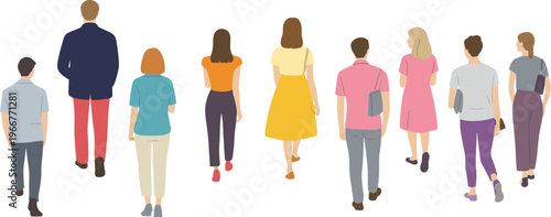 Rear view of diverse people walking together, men and women in casual clothing, community crowd illustration isolated on white background for lifestyle concepts