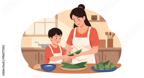 Mother and son happily preparing traditional food together in a cozy kitchen setting.
