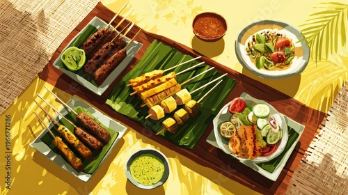 Indonesian satay skewers with rice and sauce