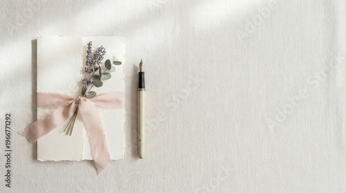 Elegant flat lay of a blank invitation card with a pink ribbon, lavender, and a fountain pen on a textured white background with soft shadows.