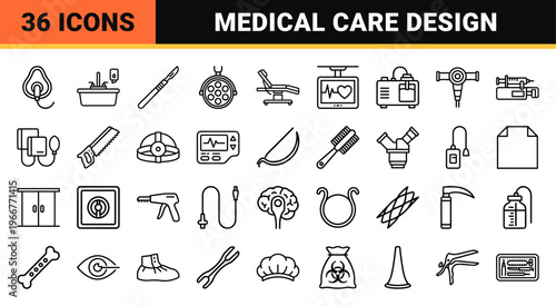 Operating Room and Surgical Equipment Minimalist Monoline Icons Featuring Scalpels, Monitors, and Medical Tools for Clinical Design.