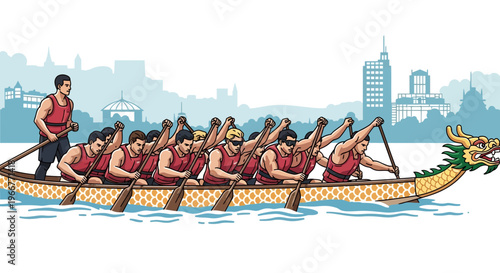 A diverse team of athletes rowing a dragon boat with synchronized strokes in blue water, surrounded by an urban cityscape background
